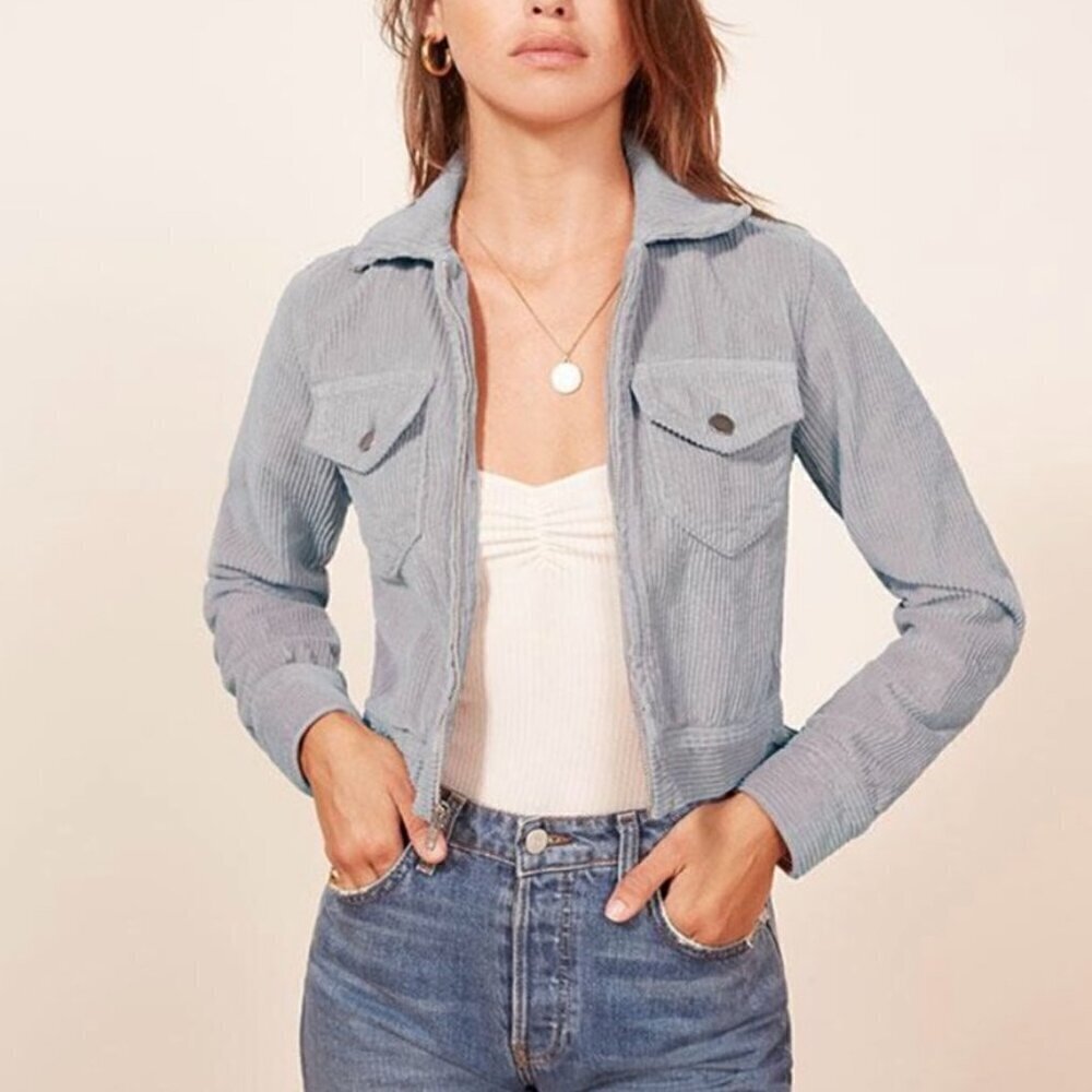 Reformation Texas Cropped Corduroy Jacket In Cloud Blue XS​​​​​​​​​